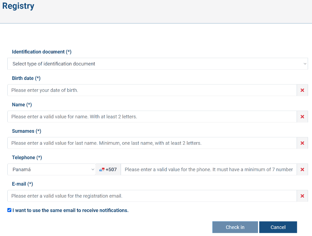 English registration form
